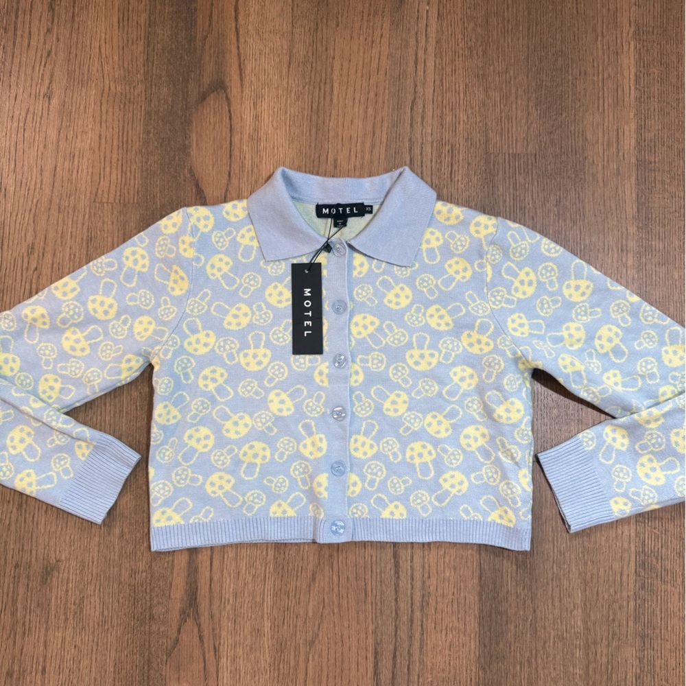 NEW Motel Rocks Baby Shroom Cropped Cardigan-Baby Blue/Yellow-Size XS